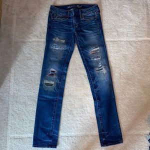 American Eagle skinny stretch, colorful distressed jeans.